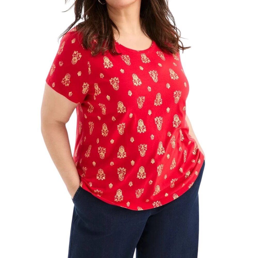 Style & Co Plus Size Perfect Demask Print Short-Sleeve T-Shirt 0X NWT Tango Red